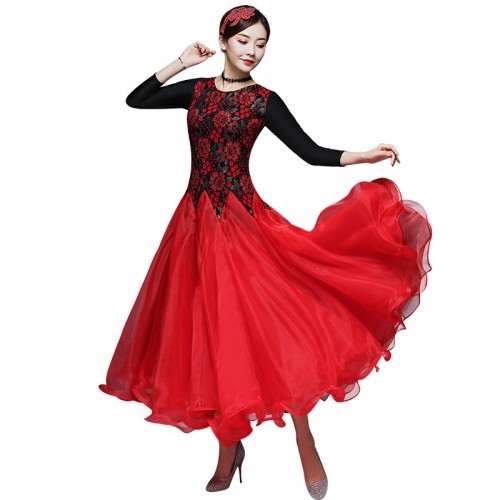 Women's girls flamenco dress lace black red dark green ballroom dancing dresses waltz tango dancing dresses